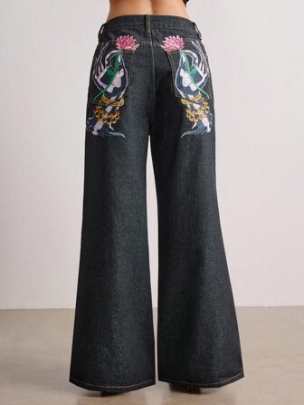 ROMWE Avant Nuovi jeans a gamba larga da donna con ricamo stile cinese a fiori di loto