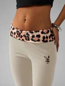 Missguided x Playboy Retro High Waisted Yoga Bell Bottom Flare Leggings With Animal Print Band Logo Fitness Comfort - Grey - View 4