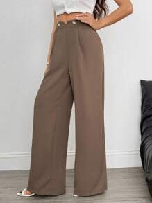 SHEIN Tall Women's Coffee Brown Metal Button Decoration Wide-Leg Elegant Suit Pants For Commuting Women Brown Slacks Women Office Pants Brown Dress Pants For Women Brown Business Casual Pants For Women Dress Pants For Women - Coffee Brown - View 4