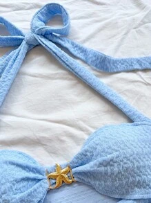 Soleia 镂空露背挂脖系带五角星金属装饰修身背心，适合女士，适合节日、约会、下午茶、度假、音乐节、波西米亚风格 - 淺藍色 - 查看 7