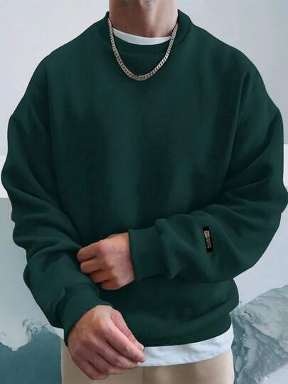 EURMUSE 100%Cotton Men Letter Patched Drop Shoulder Sweatshirt