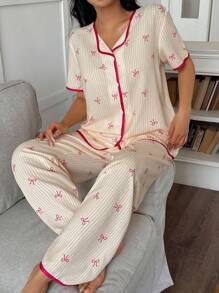 SHEIN 粉色和白色条纹蝴蝶结开衫休闲女士睡衣套装 - 黃色 - 查看 4