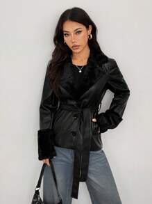 SHEIN PETITE Women's Fashion Versatile Faux Fur Patchwork Regular Jacket Black Leather Jacket Women Belted Leather Jacket In Fall/Winter