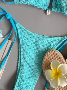 Swim Vcay Summer Beach Solid Textured Halter Triangle Bikini Set