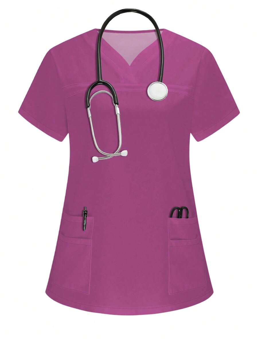 PopScrub Women's Short Sleeve Double Pocket Nurse Top, Scrub Shirt Uniform Comfortable Stylish Fashion Uniform Scrub - Multicolor - View 1
