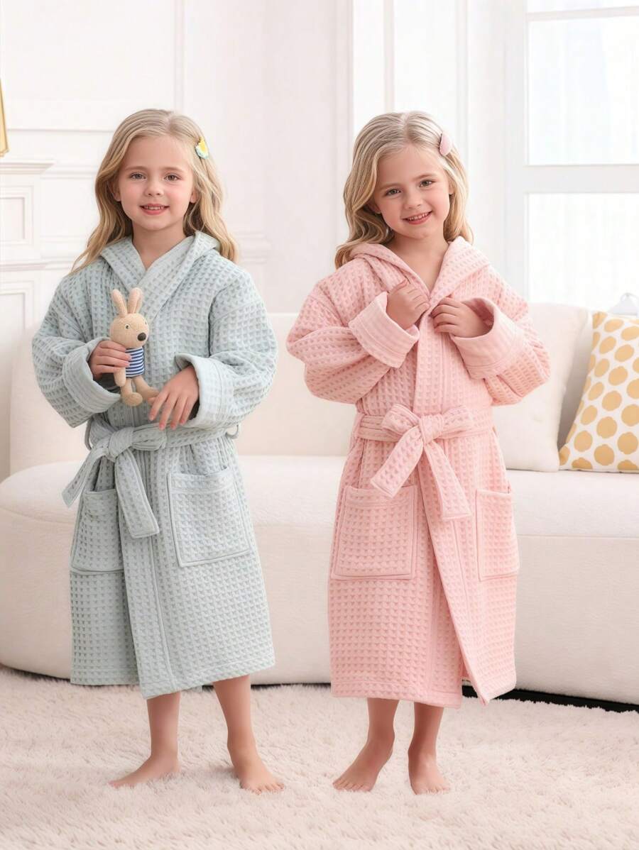 SHEIN 1 Stück, Waffelmuster Kapuzen Bademantel für Studenten, Doppellagiger Wabenmuster Waffelbademantel für Studenten, Studentenbademantel, verdickt und weich, wasserabsorbierend und schnelltrocknend, Rosa/Grün/Weiß, Kapuzen Bademantel für Studenten