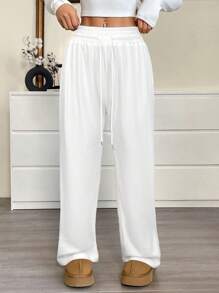 SHEIN EZwear Plus Size Casual Solid Color Drawstring Waist Sweatpants Loose Pants For Women White Lounge Pants - White - View 3