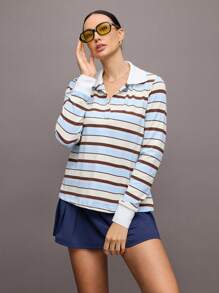 Activina Áo thun polo thể thao dài tay kẻ sọc thường ngày dành cho nữ - Màu xanh lam - Xem 5