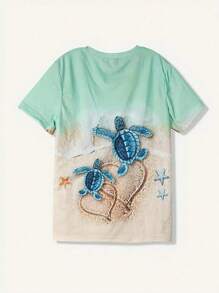 SHEIN 大码女式夏季短袖海龟印花 T 恤，时尚大码图案 T 恤 - 白色 - 查看 2