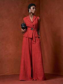 Zivah 2025 年夏季新品,适合生日派对、返校季、校园风、日常穿着、休闲装、度假装、邮轮旅行、海滩装、日光浴装、街头风、优雅装、通勤装、商务休闲装,无袖不对称下摆西装背心和直筒裤套装,腰带、金属扣、松紧腰带,配有真口袋,红棕色,女士两件套夏季服装 - 紅木色 - 查看 2