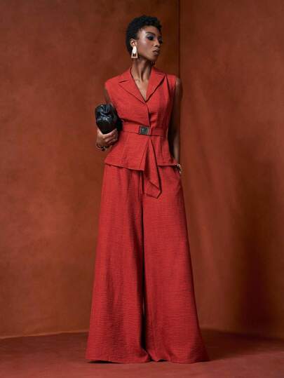 Zivah Nuevo lanzamiento de verano 2025, adecuado para fiesta de cumpleaños, vuelta al colegio, estilo campus, uso diario, casual, vacaciones, crucero, playa, tomar el sol, estilo callejero, elegante, trayecto al trabajo, casual de negocios, conjunto de chaleco blazer asimétrico sin mangas y pantalón de pierna recta, cinturón de cintura, hebilla metálica, cintura elástica con bolsillos reales, color marrón rojizo, conjunto de 2 piezas de verano para mujer