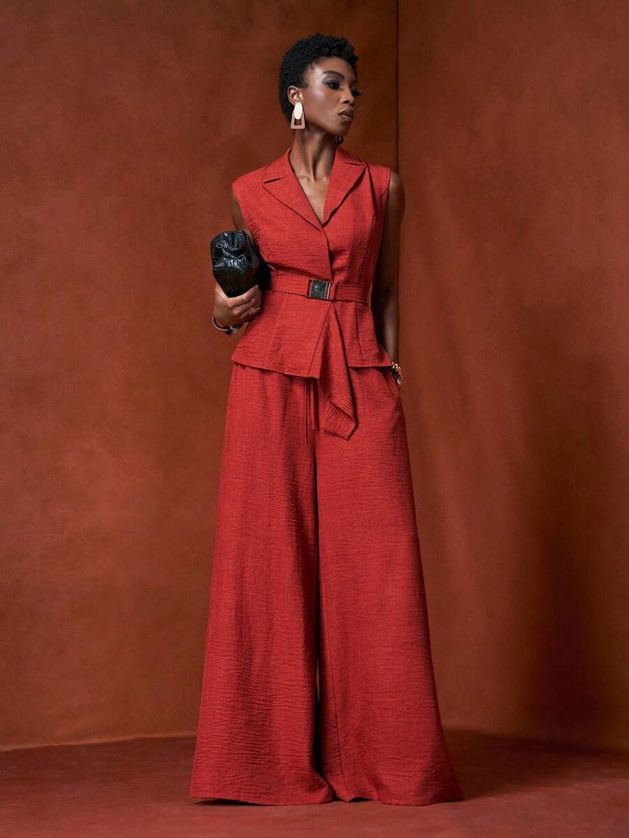 Zivah 2025 年夏季新品，适合生日派对、返校季、校园风、日常穿着、休闲装、度假装、邮轮旅行、海滩装、日光浴装、街头风、优雅装、通勤装、商务休闲装，无袖不对称下摆西装背心和直筒裤套装，腰带、金属扣、松紧腰带，配有真口袋，红棕色，女士两件套夏季服装