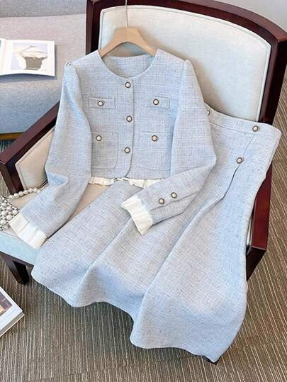 GlowEve Women's Round Neck Single-Breasted Elegant Patchwork 2 Pieces Set Fall Cloth For Women