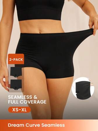 LUVLETTE 2-Pack Ultra-Fine Yarn High-Elastic Seamless Basic Boy Shorts Women Underwear Panties Set-All Black