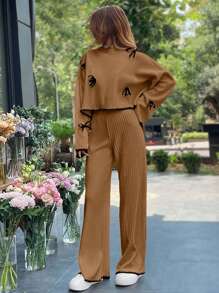 RueChic Damen Set aus Strickpullover mit Schleife, Drop-Shoulder und Langarm sowie langer Hose, Kontrast-Farben, Lässig, 2-teilig, Herbst/Winter