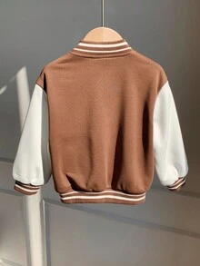 SHEIN 男童女童舒适休闲百搭可爱熊刺绣撞色拼接经典卡其色棒球夹克，适合室内、户外、日常、运动、玩耍、派对、拍照、度假、返校、街头服饰、秋冬 - 卡其色 - 查看 2