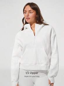 GLOWMODE Áo hoodie nửa khóa kéo cỡ lớn, giữ ấm, có túi lưới bên trong, lỗ xỏ ngón tay cái, mặc hàng ngày, thường ngày - trắng - Xem 4