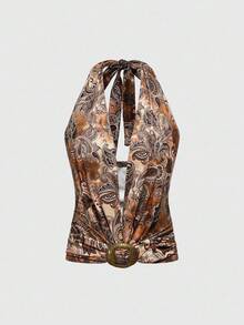 ROMWE Hippie Vintage Halter Cashew Flower Print Women Tank Top