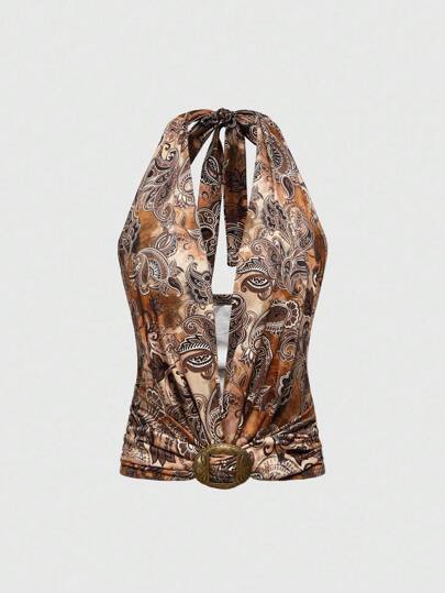 Hippie Top de tirantes con estampado de flores de anacardo vintage para mujer