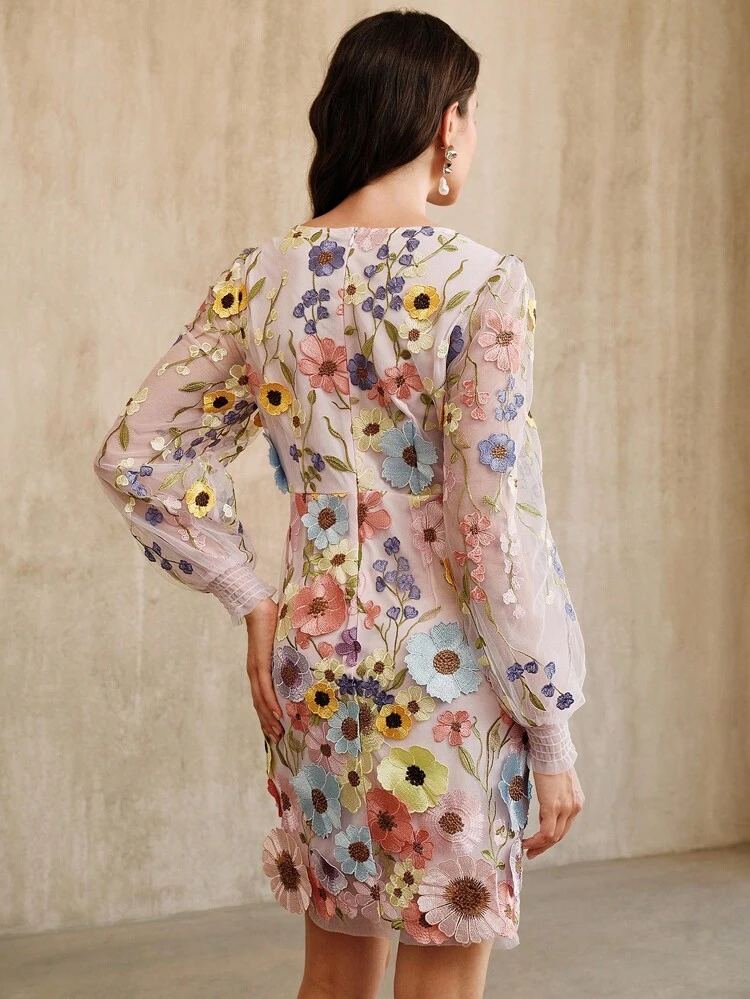 Elegant Round Neck Lantern Sleeve Dress With 3D Floral Embroidery And Mesh, Autumn