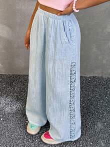 Coolane Kids 青少年女孩春夏休闲蕾丝拼接阔腿裤 - 藍色 - 查看 5