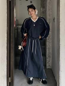 DAZY 韩版女士休闲V领上衣和休闲半裙两件套，秋冬款 - 藍色 - 查看 2