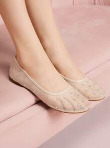 CUCCOO DOLLMOD Women's Fashion Apricot Flat Mesh Rhinestone Embellished Slip-On Shoes - Apricot - View 1