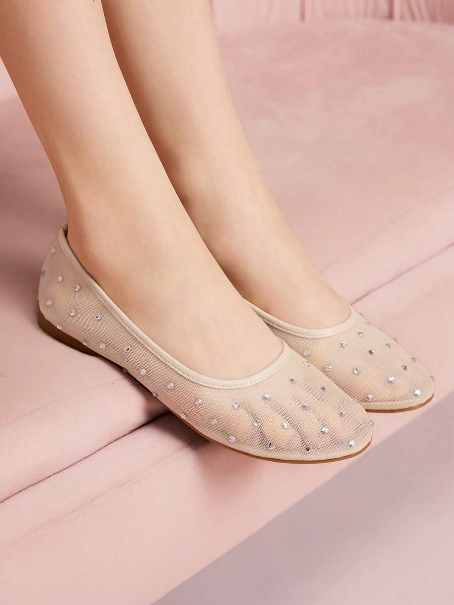 CUCCOO DOLLMOD Women's Fashion Apricot Flat Mesh Rhinestone Embellished Slip-On Shoes - Apricot - View 1