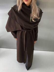 Aloruh 秋冬女士时尚裹身设计咖啡色大衣披肩+夹克 - 咖啡棕 - 查看 8