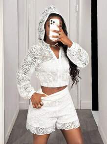 BamGleam Chic Autumn White Hollowed Out Casual Versatile Hoodie Jacket Pullover Fall - White - View 7