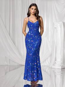 Coutiva 女士优雅亮片花卉刺绣露背鱼尾下摆正式晚礼服 - 寶藍色 - 查看 3
