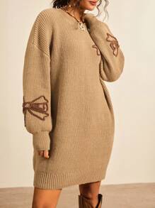 Freevana Plus Size Women Floral Embroidery Pattern Dropped Shoulder Loose Knit Sweater Dress, Casual Everyday Wear, Autumn/Winter Knit Dress Earth Tone Dress Autumn Dress Fall Clothes For Women Winter Clothes For Women Business Casual Woman Fall Clothes Plus Size Boho Rave Fairycore Office Autumn Festival Alt