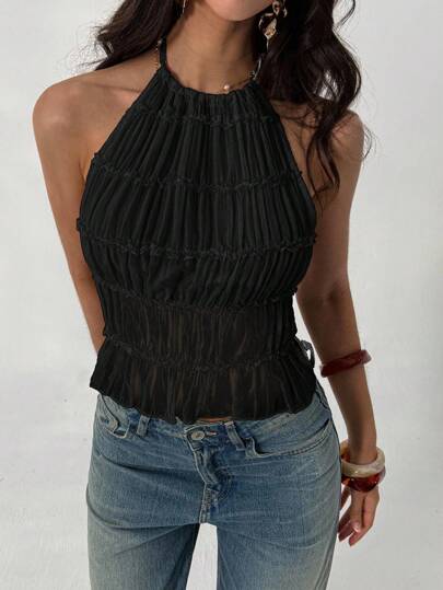 Aloruh 女士纯色褶皱层叠荷叶边吊带背心，露肩上衣