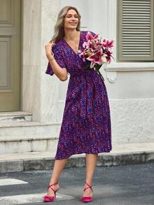 EMERY ROSE Allover Print Butterfly Sleeve Split Thigh Belted Dress - Multicolor - View 3