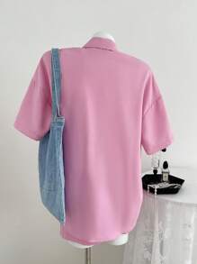 Elamini 2pcs/Set Women's Solid Button Front Short Sleeve Casual Top And Shorts - Pink - View 2