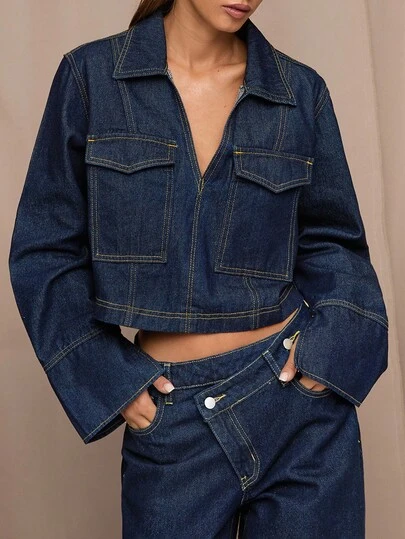 SHEIN BAE 女款深蓝色原色长袖翻领实用口袋短款休闲牛仔外套，秋季女装，牛仔上衣，老钱风女装，外出，商务休闲女装，女式秋装，女式休闲上衣，返校，外出上衣，长袖上衣