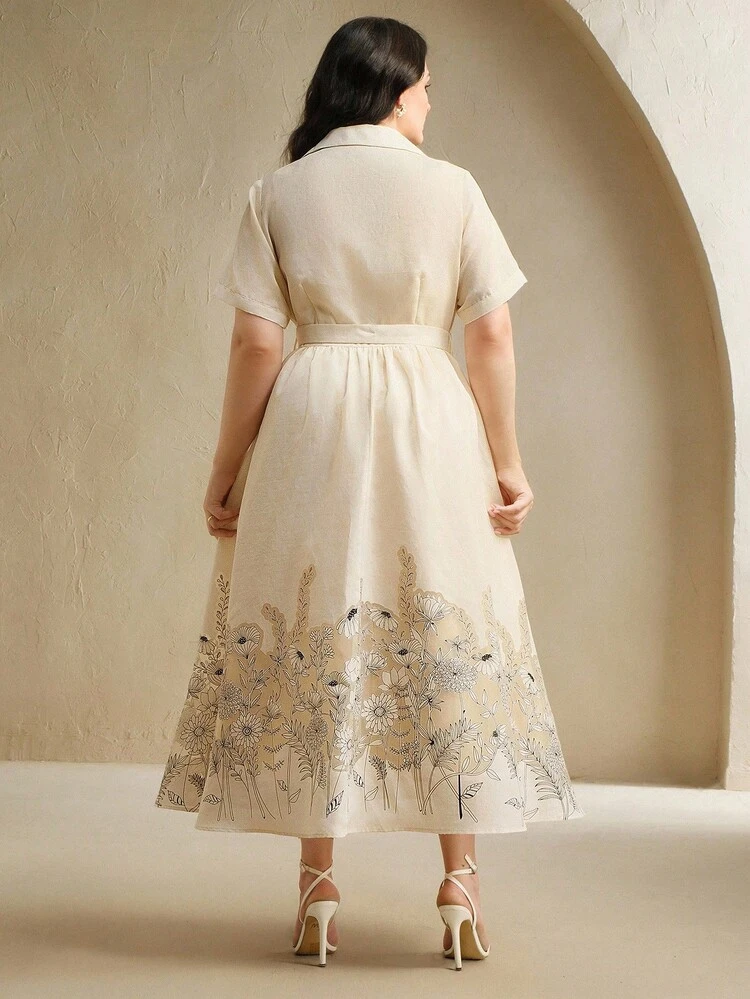 Modern Elegant Digital Floral Print Midi Dress, Suitable For Summer, Festival, Elegant, Holiday, Vacation, Party, Wedding Guest, Business Casual