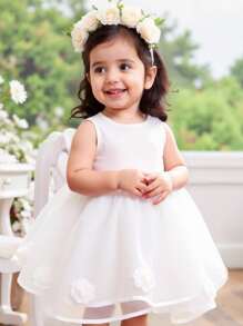 SHEIN Baby Girl Woven Solid Color Splice Mesh Snug Fit Dress - White - View 8