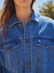 WESTFADE Collared Snap Button Front Drawstring Waist Long Sleeve 91% Cotton Denim Bomber Jacket Back To School Cute Fall - Medium Wash - View 3