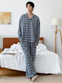 DAZY Plaid Gray Shirt Paired With Pants Men's Loungewear Set, Autumn, Fall Clothes Pajama - Grey - View 7