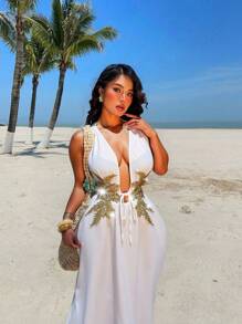 Sunnyshic Vestido dividido con parches brillantes y de unicolor de alta gama para tallas grandes y sexy - Blanco - Ver 5