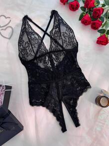 Floral Lace Plunging Neck Backless Teddy Bodysuit Lingerie UnderwearOuter, Baddie Look