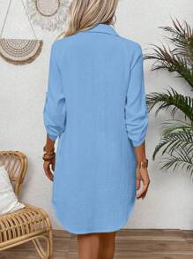 Vestido Camisa Con Botones Delanteros Texturizados De Color Sólido - Azul Agua - Ver 2