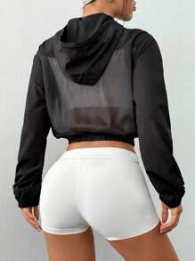 Gameset SHEIN Sport Casual Solid Color Mesh Patchwork Hooded Cropped Sports Jacket - Black - View 2