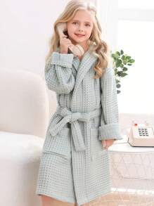 SHEIN 1 Stück, Waffelmuster Kapuzen Bademantel für Studenten, Doppellagiger Wabenmuster Waffelbademantel für Studenten, Studentenbademantel, verdickt und weich, wasserabsorbierend und schnelltrocknend, Rosa/Grün/Weiß, Kapuzen Bademantel für Studenten