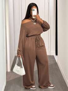 Slaydiva Ensemble 2 pièces ample à manches longues avec une épaule inclinée, un Top avec cordon élastique à la taille et poches, et un pantalon à jambes larges. Couleur brun foncé. Convient pour l'automne/hiver, le retour à l'école, le style de rue, les sorties, le travail, l'aéroport, les fêtes, le quotidien, etc. - Tabac - Voir 6