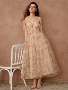 Savoree Elegant & Romantic Floral Print Tie-Up Dress, Suitable For Dates And Occasions, All Season - Dusty Pink - View 7