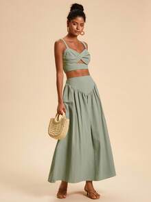 Travachic 2pcs/Set Women's Solid Color Woven Twist Hollow Out Cropped Camisole & Mini Skirt, Vacation Outfit Two Piece Skirt Set ,Green Two Piece Sage, Green Two Piece Set Vacation Outfits Women ,Two Piece Set Autumn ,Fall Clothes For Women,  Bohemia Style