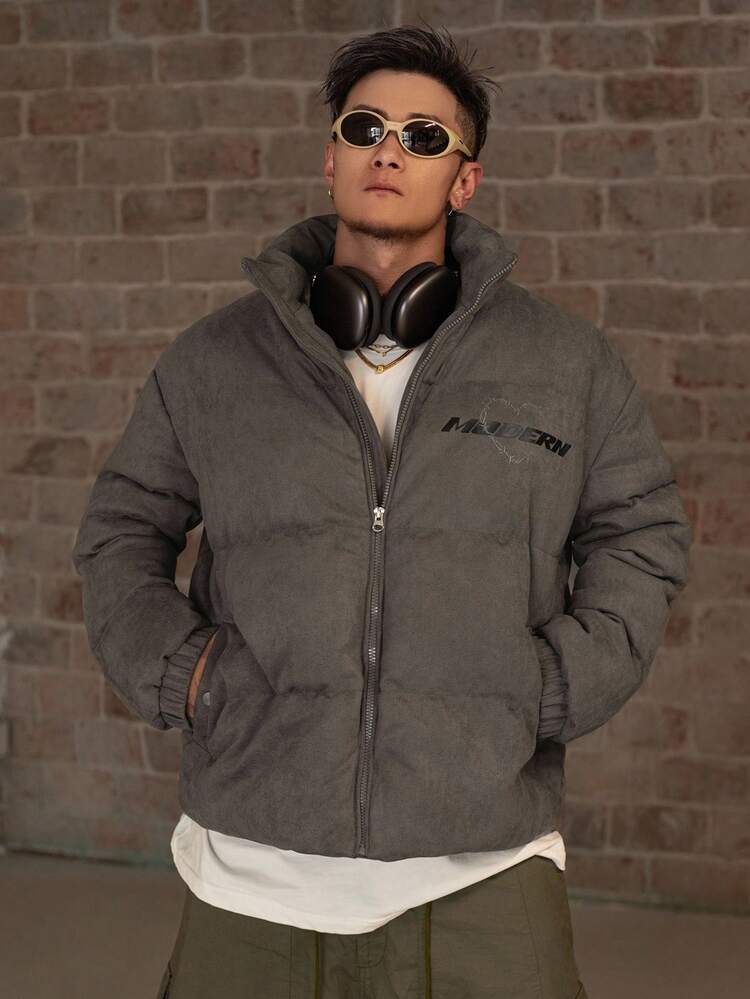 Men's Thick Thermal Lined Graphic Letter Print Stand Collar Padded Coat, Winter Jacket