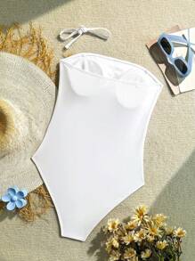 Women Elegant One-Piece Sexy Bandeau Solid Monokini Swimsuit For Summer Beach Vacation - White - View 5